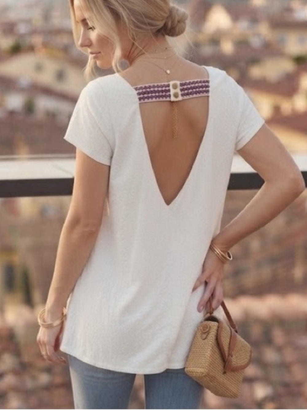 Roxy Tunic - White V-Back with Embroidery Short Sleeve Cotton Women's Top